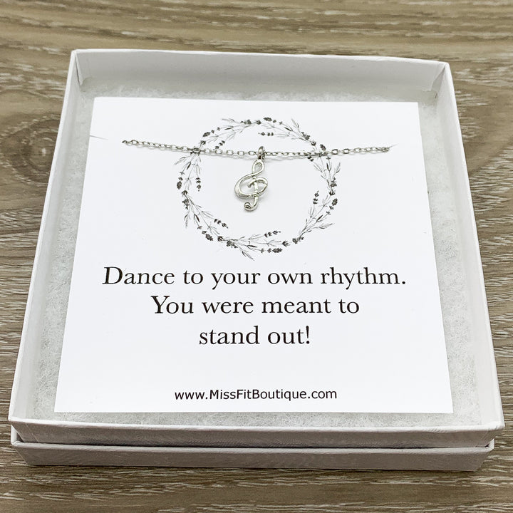 Inspirational Quote, Tiny Treble Clef Necklace, Music Note Pendant, Musical Jewelry, Stand Out, Birthday, Music Gift for Daughter, School