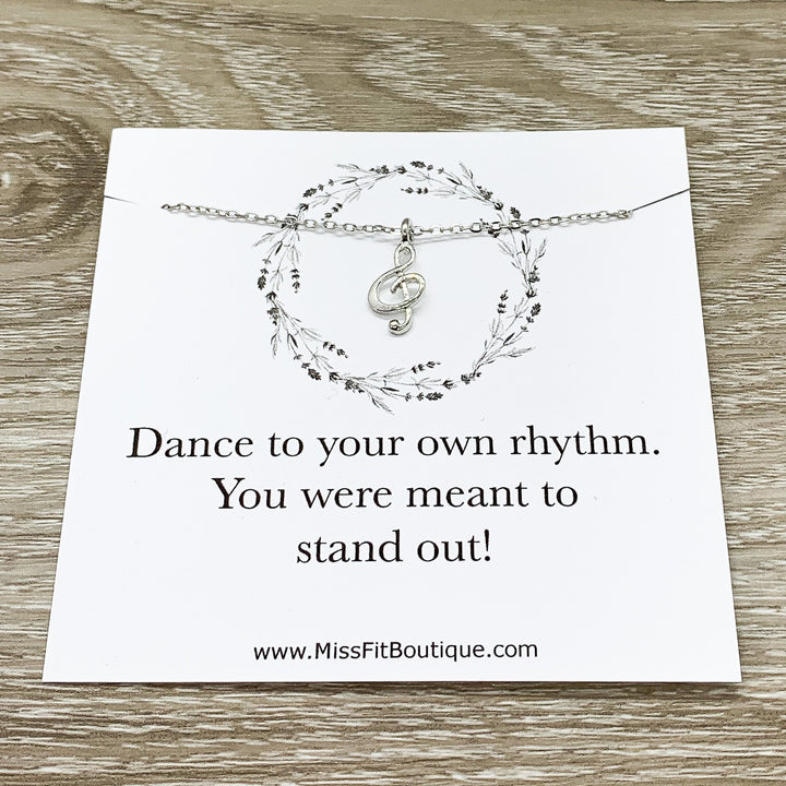 Inspirational Quote, Tiny Treble Clef Necklace, Music Note Pendant, Musical Jewelry, Stand Out, Birthday, Music Gift for Daughter, School