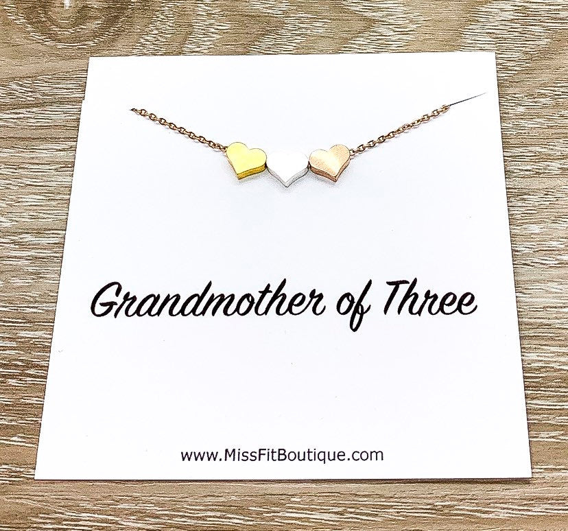 GrandMother of Three Gift, 3 Hearts Necklace with Personalized Card, Mother Necklace, Gift for Mom, Gift for Mom Jewelry, Dainty Necklace