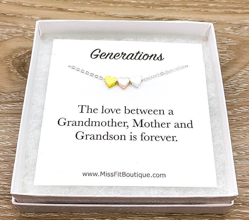 3 Hearts Necklace with Card, Three Generations Necklace, Gift from Grandson, Grandma Necklace, Birthday Gift, Gift from Daughter