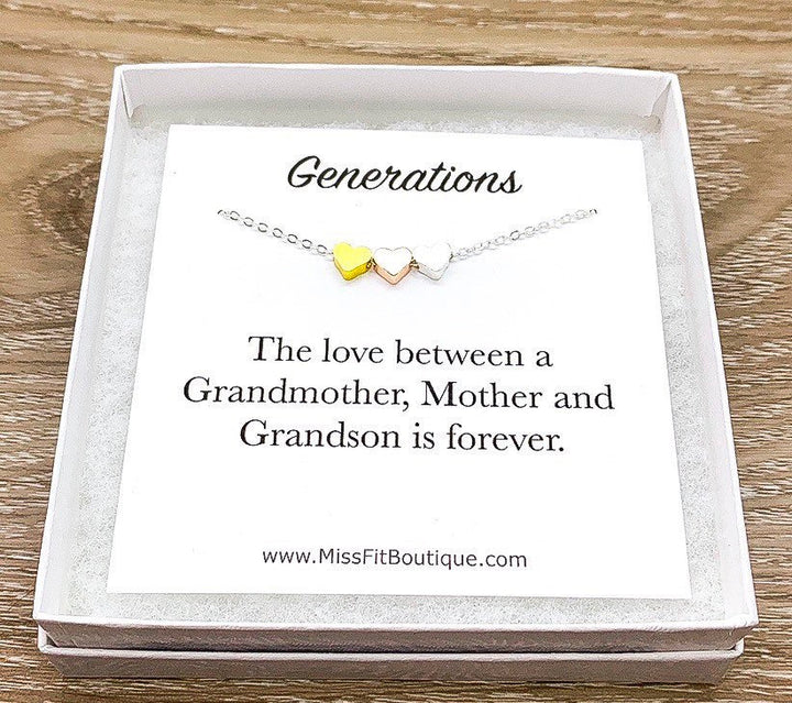 3 Hearts Necklace with Card, Three Generations Necklace, Gift from Grandson, Grandma Necklace, Birthday Gift, Gift from Daughter