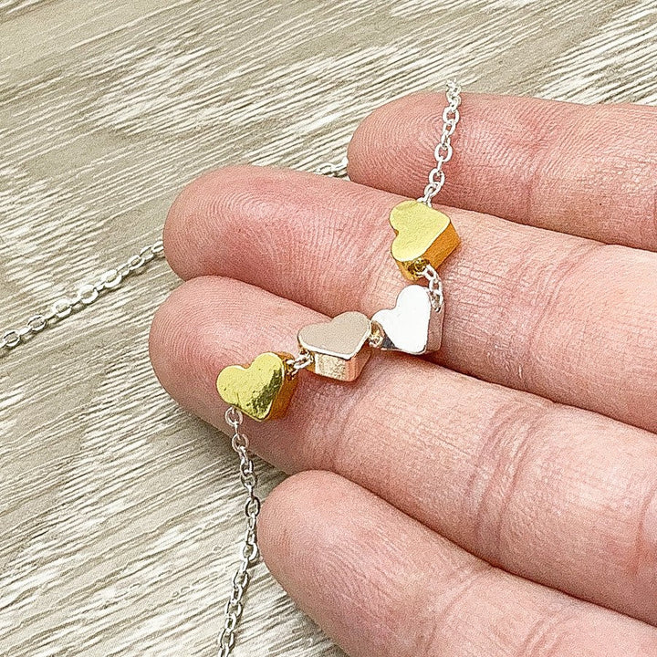 Grandmother of 4, Tiny Four Hearts Necklace with Card, Gift from Granddaughters, Birthday Gift, Gift from Grandkids, Gift from Grandchildren