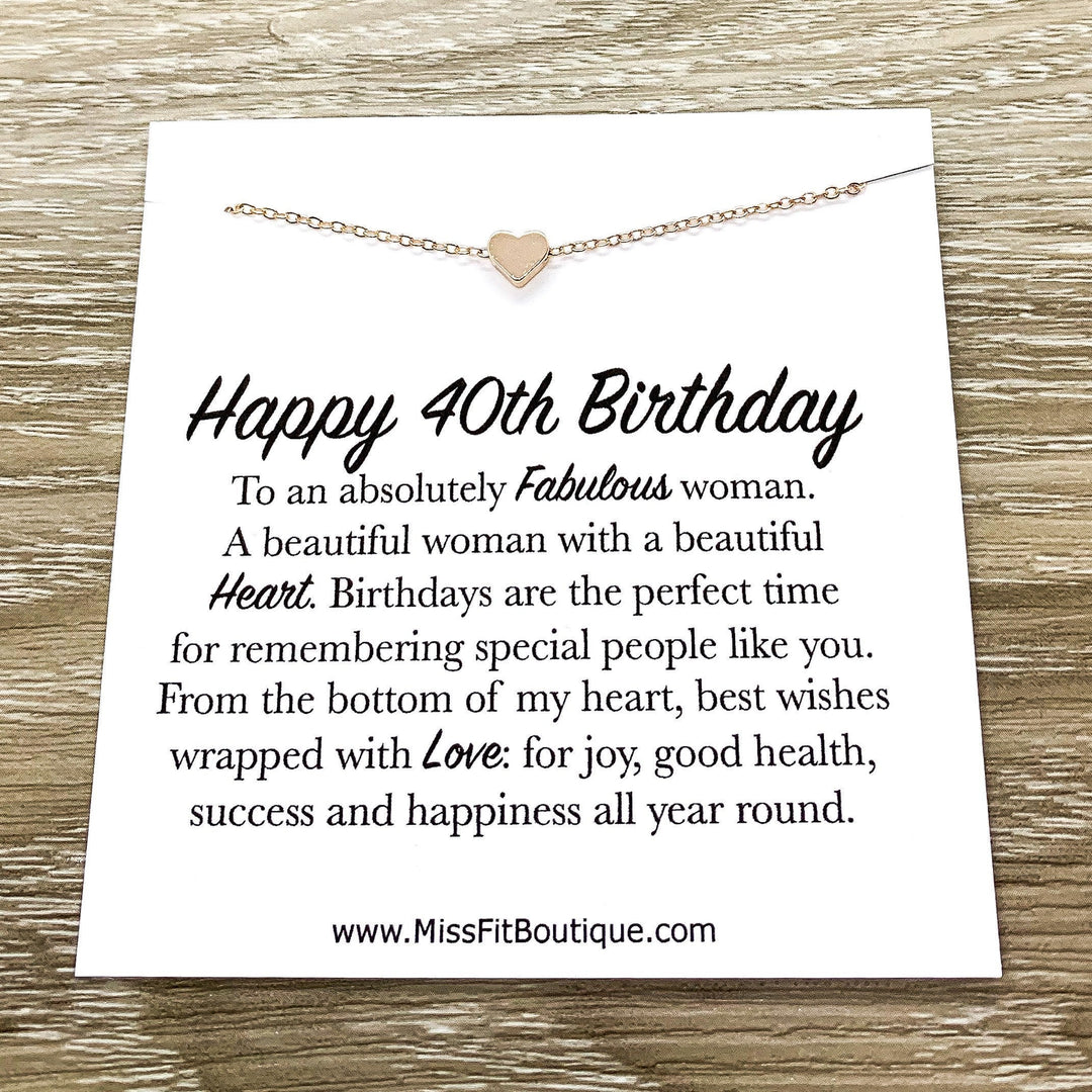 Happy 40th Birthday Card, Tiny Heart Pendant Necklace, 40 Years Old Jewelry, Forty Celebration, Gift for Best Friend, Custom Message Card