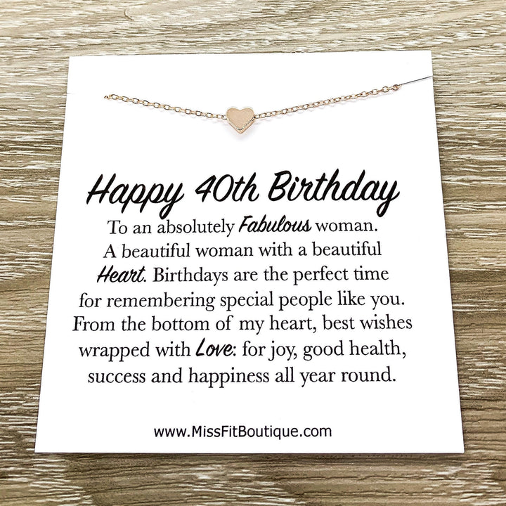 Happy 40th Birthday Card, Tiny Heart Pendant Necklace, 40 Years Old Jewelry, Forty Celebration, Gift for Best Friend, Custom Message Card
