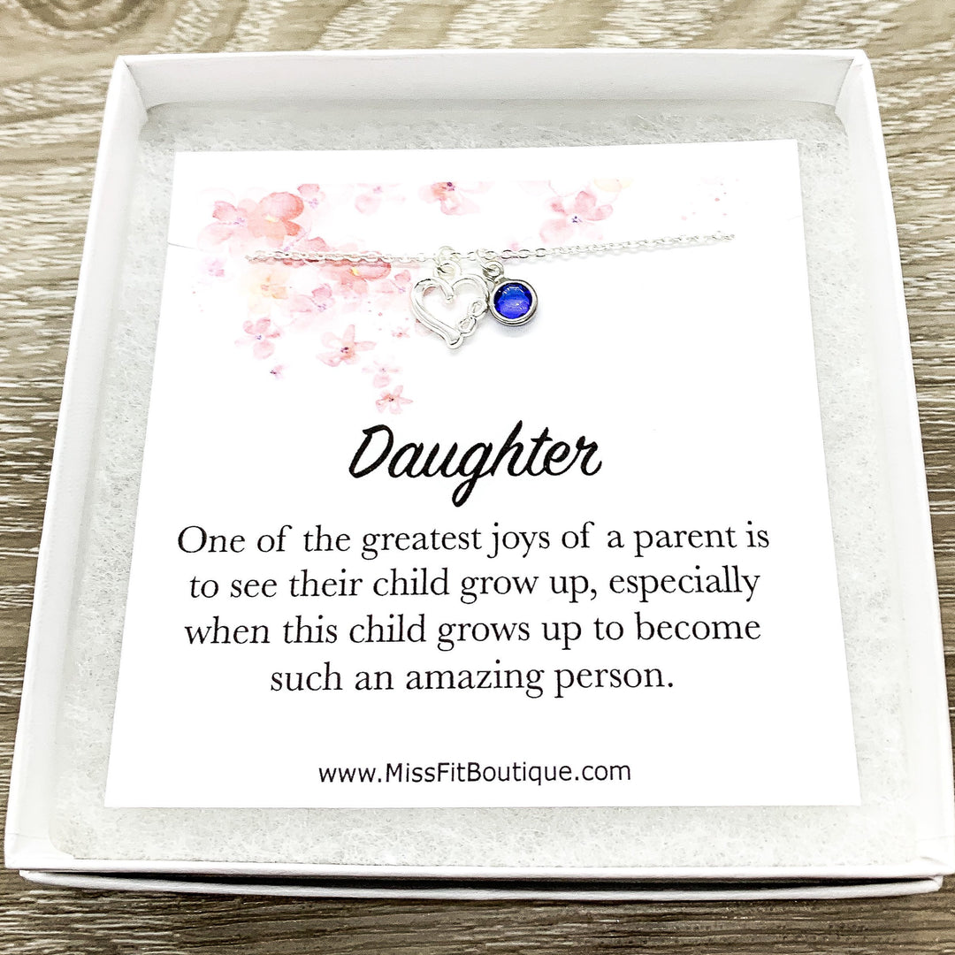 Daughter Necklace, Silver Heart Pendant, Infinity Necklace, Personalized Jewelry, Custom Message Card, Gift from Mom, Birthday Gift