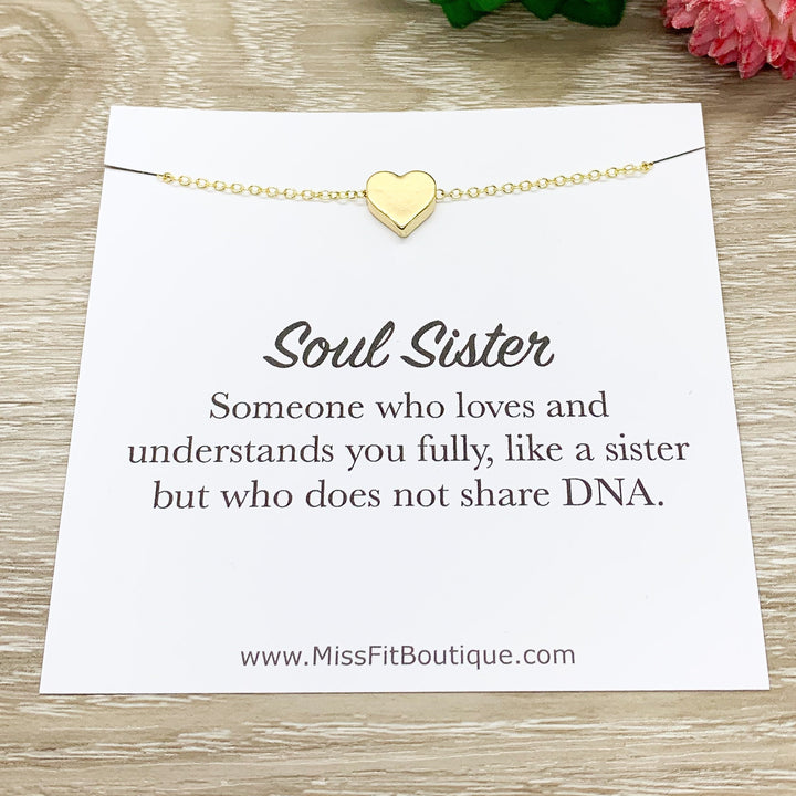 Gold Heart Pendant Necklace, Soul Sister Quote Card, Sisters Jewelry, Sisterhood, Unbiological Sister Gift, Birthday Gift for Her