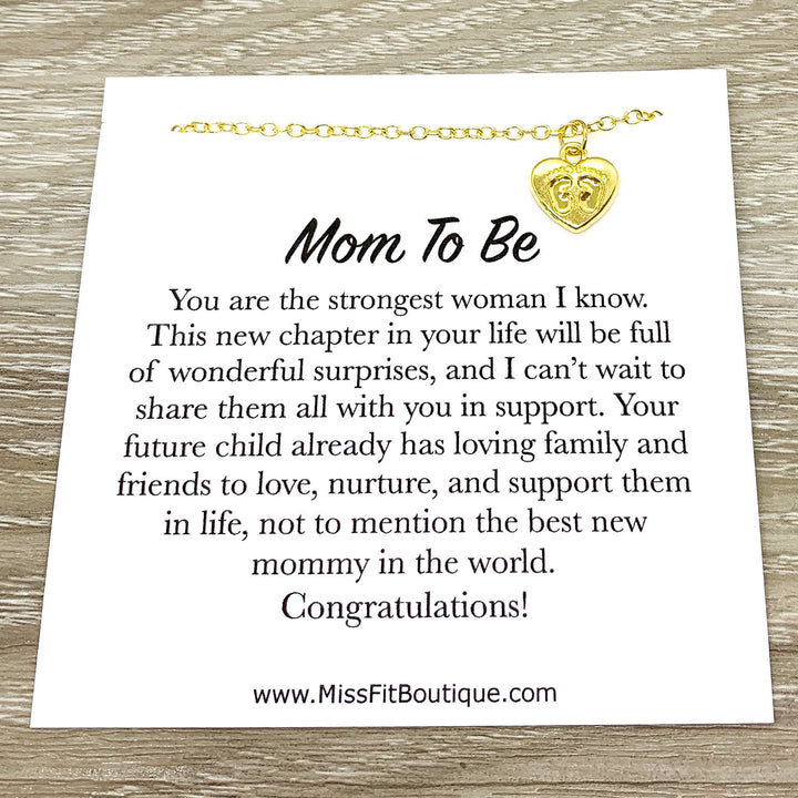 Card for Mom To Be, Tiny Heart Necklace with Footprints, Expectant Mother Gift, Motherhood Keepsake, Gift for New Mommy, Thoughtful