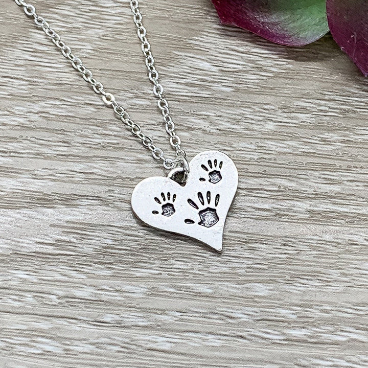Grandmother of Two Gift, Tiny Handprints Necklace, Silver Heart Pendant, Gift from Grandkids, Grandma Birthday Gift, Sentimental Necklace