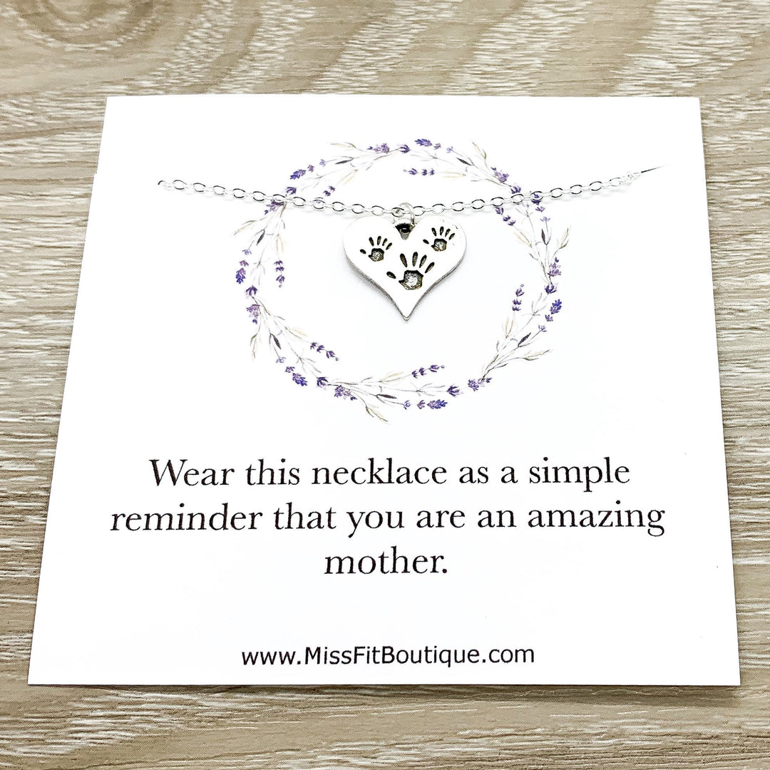 Amazing Mother Gift, Tiny Handprints Necklace, Silver Heart Pendant, Gift from Kids to Mom, Mommy Birthday Gift, Sentimental Necklace