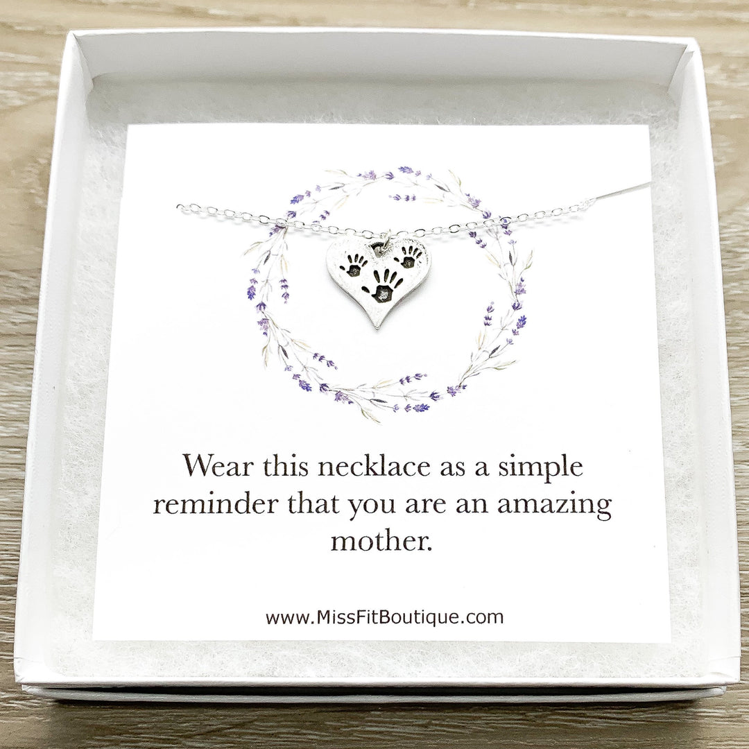 Amazing Mother Gift, Tiny Handprints Necklace, Silver Heart Pendant, Gift from Kids to Mom, Mommy Birthday Gift, Sentimental Necklace