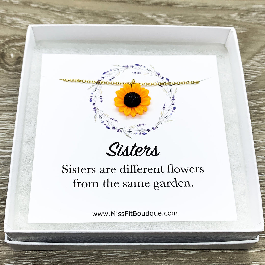Sunflower Necklace, Sisters Are Different Flowers Quote, Orange Flower Charm Necklace,m, Minimal Floral Jewelry, Simple Reminder Gift