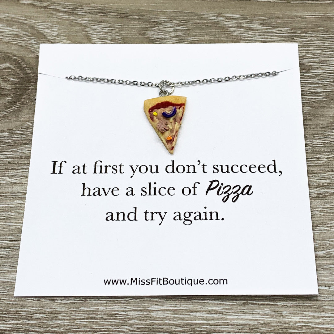 Tiny Pizza Necklace, Success Quote Card, Miniature Pizza Slice Charm, Friendship Necklace, Thoughtful Friends Gift, Pizza Jewelry