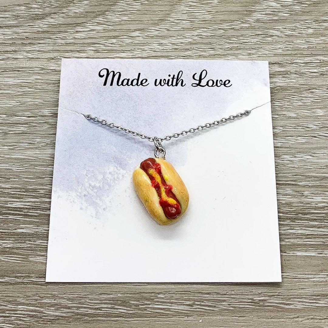 Tiny Hotdog Charm Necklace, Miniature Food Necklace, Friendship Gift, Cute Friends Birthday, Food Lover Gift, Junk Food Pendant, BBQ Foods
