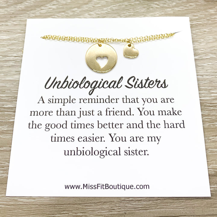 Unbiological Sisters Gift, Heart Necklace Set for 2, Gift for Friend, Like a Sister to Me, Friendship Necklaces, Simple Reminders Jewelry