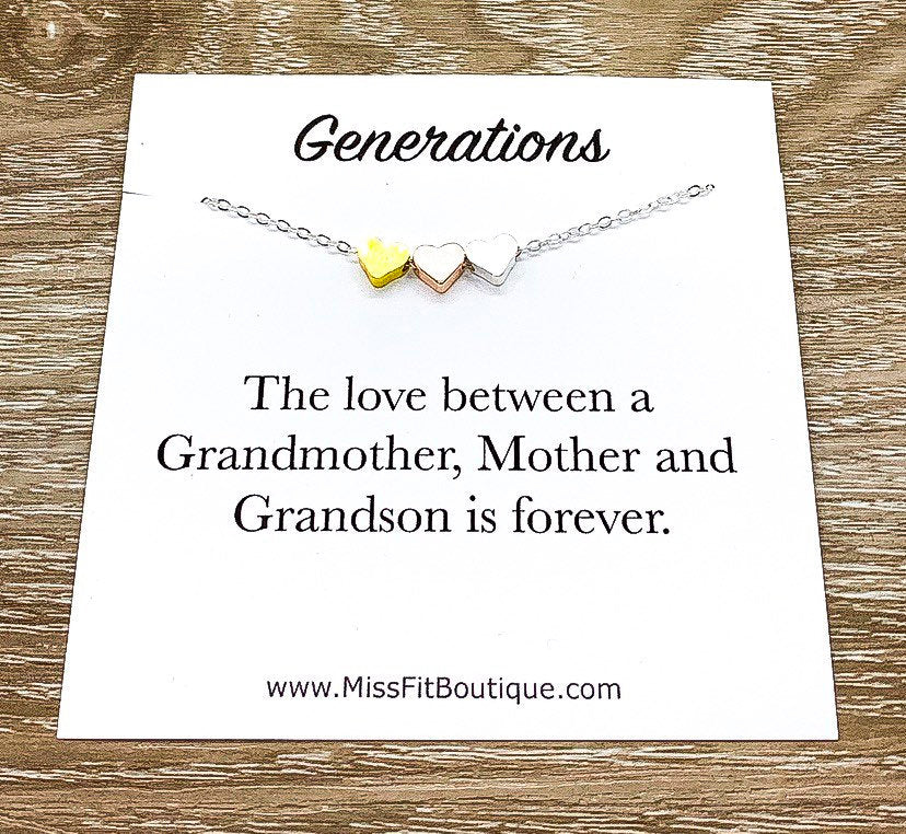 3 Hearts Necklace with Card, Three Generations Necklace, Gift from Grandson, Grandma Necklace, Birthday Gift, Gift from Daughter