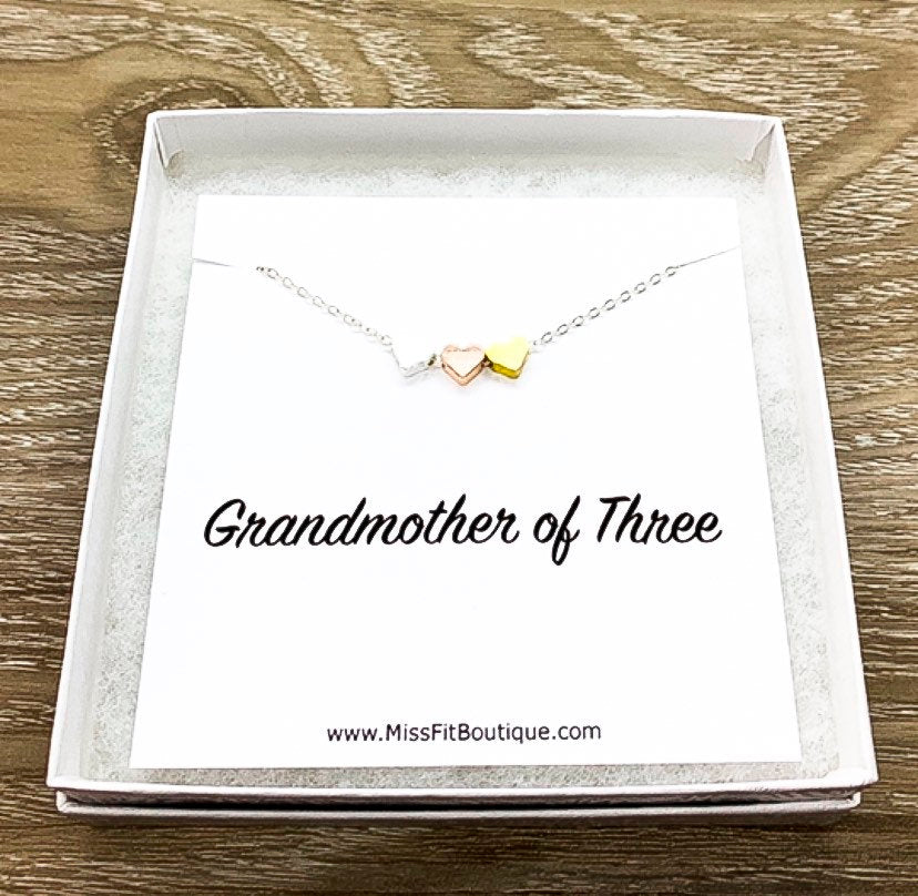 Grandmother of 3, Tiny Three Hearts Necklace with Card, Gift from Daughters, Grandma Necklace, Birthday Gift, Gift from Grandkids