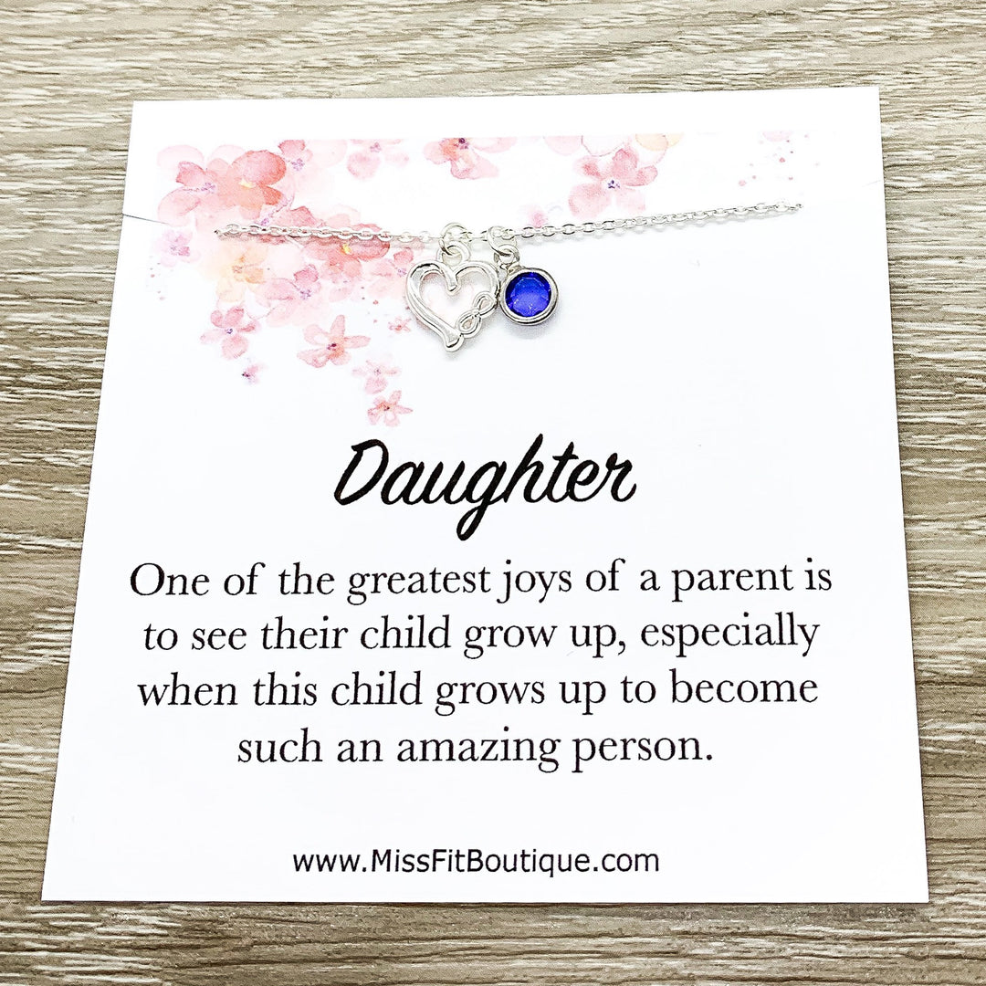 Daughter Necklace, Silver Heart Pendant, Infinity Necklace, Personalized Jewelry, Custom Message Card, Gift from Mom, Birthday Gift