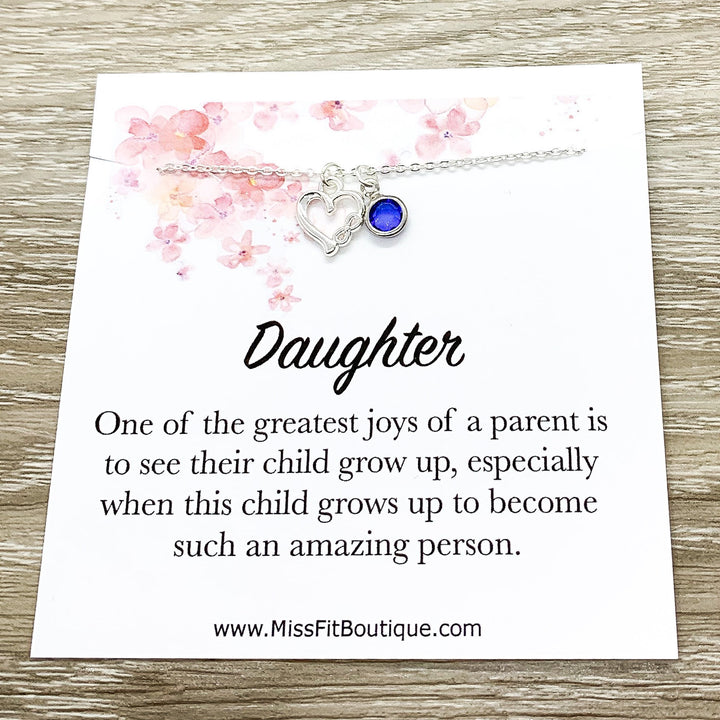 Daughter Necklace, Silver Heart Pendant, Infinity Necklace, Personalized Jewelry, Custom Message Card, Gift from Mom, Birthday Gift