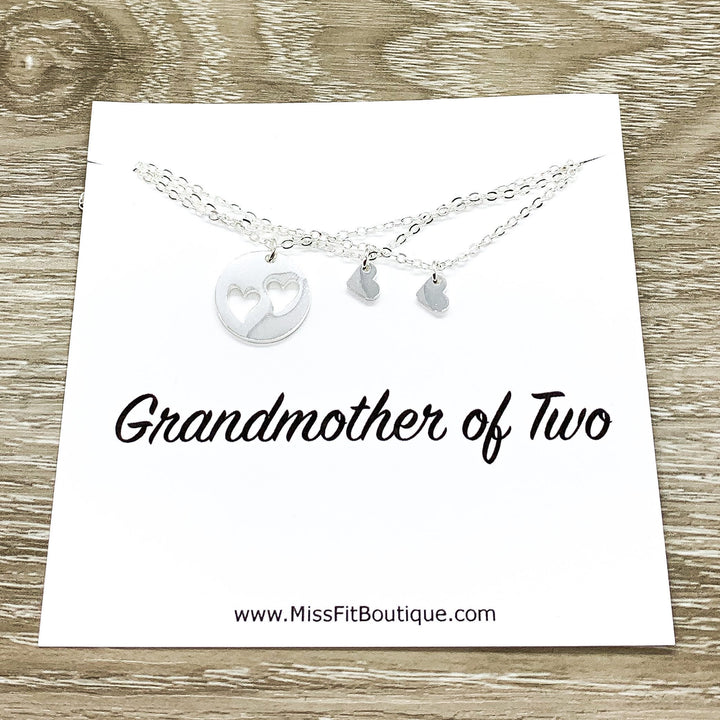Grandmother of 2 Gift, Sharable Necklace Set for 3, Gift for Grandma Matching Necklaces, Tiny Heart Cutout Pendant, Gift from Grandchildren