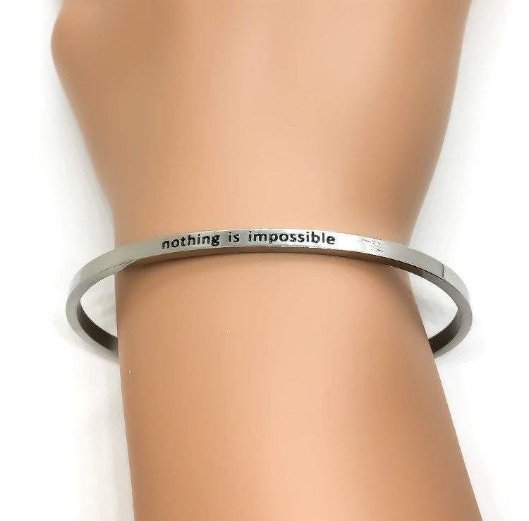 Nothing is Impossible Cuff Bangle Bracelet, Fearless, Gift for Friend, Thin Mantra Bracelet Silver, Minimalist Bracelet, Friendship Jewelry