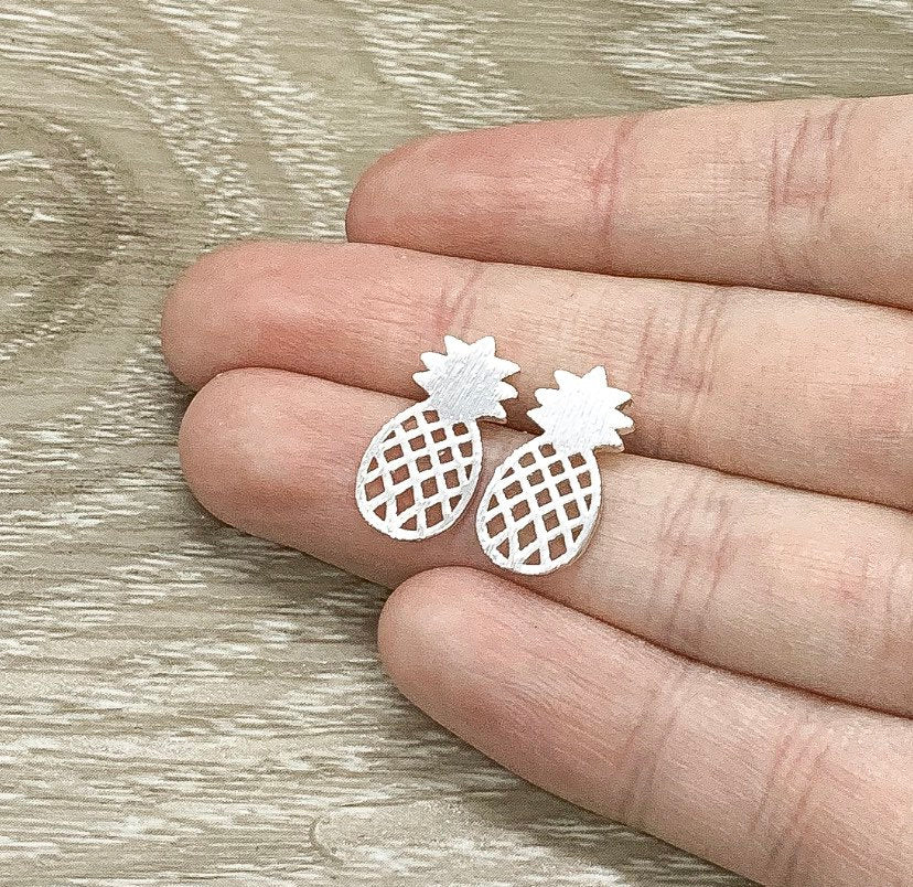 Pineapple Stud Earrings Silver, Fruit Earrings, Tropical Jewelry, Minimalist Stud Earrings, Foodie Jewelry, Boho Earrings, Birthday Gift