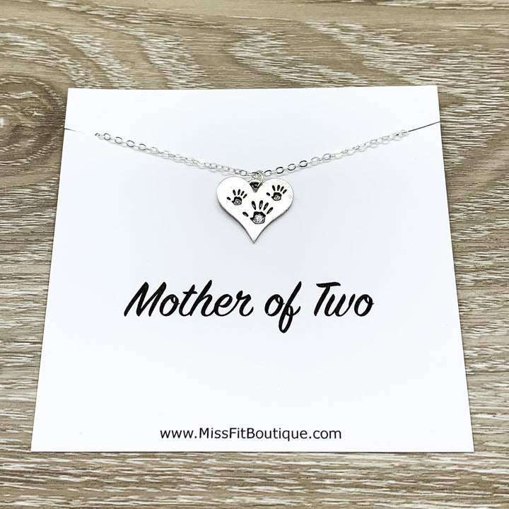 Mother of Two Gift, Tiny Handprints Necklace, Silver Heart Pendant, Gift from Kids to Mom, Mommy Birthday Gift, Sentimental Necklace