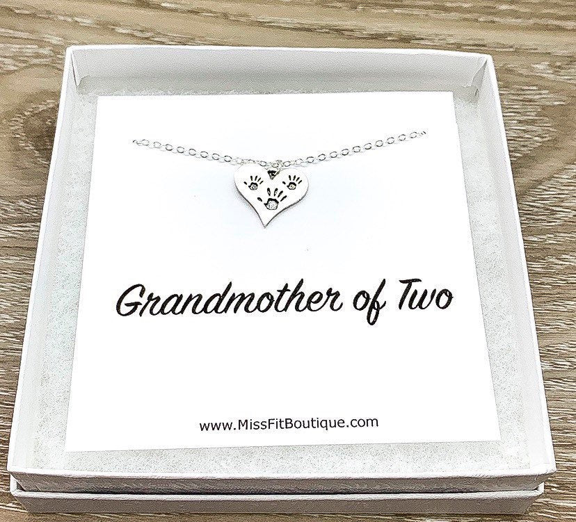 Grandmother of Two Gift, Tiny Handprints Necklace, Silver Heart Pendant, Gift from Grandkids, Grandma Birthday Gift, Sentimental Necklace