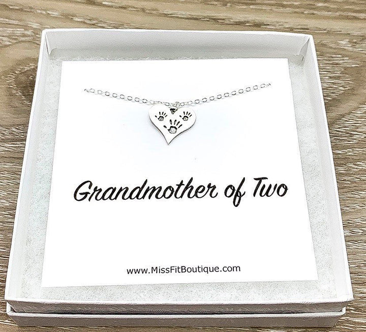 Grandmother of Two Gift, Tiny Handprints Necklace, Silver Heart Pendant, Gift from Grandkids, Grandma Birthday Gift, Sentimental Necklace