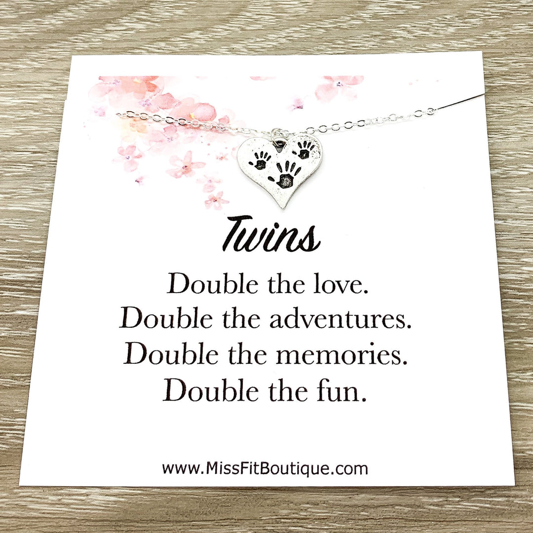 Mother of Twins Gift, Tiny Handprints Necklace, Silver Heart Pendant, Gift from Kids to Mom, Mommy Birthday Gift, Sentimental Necklace