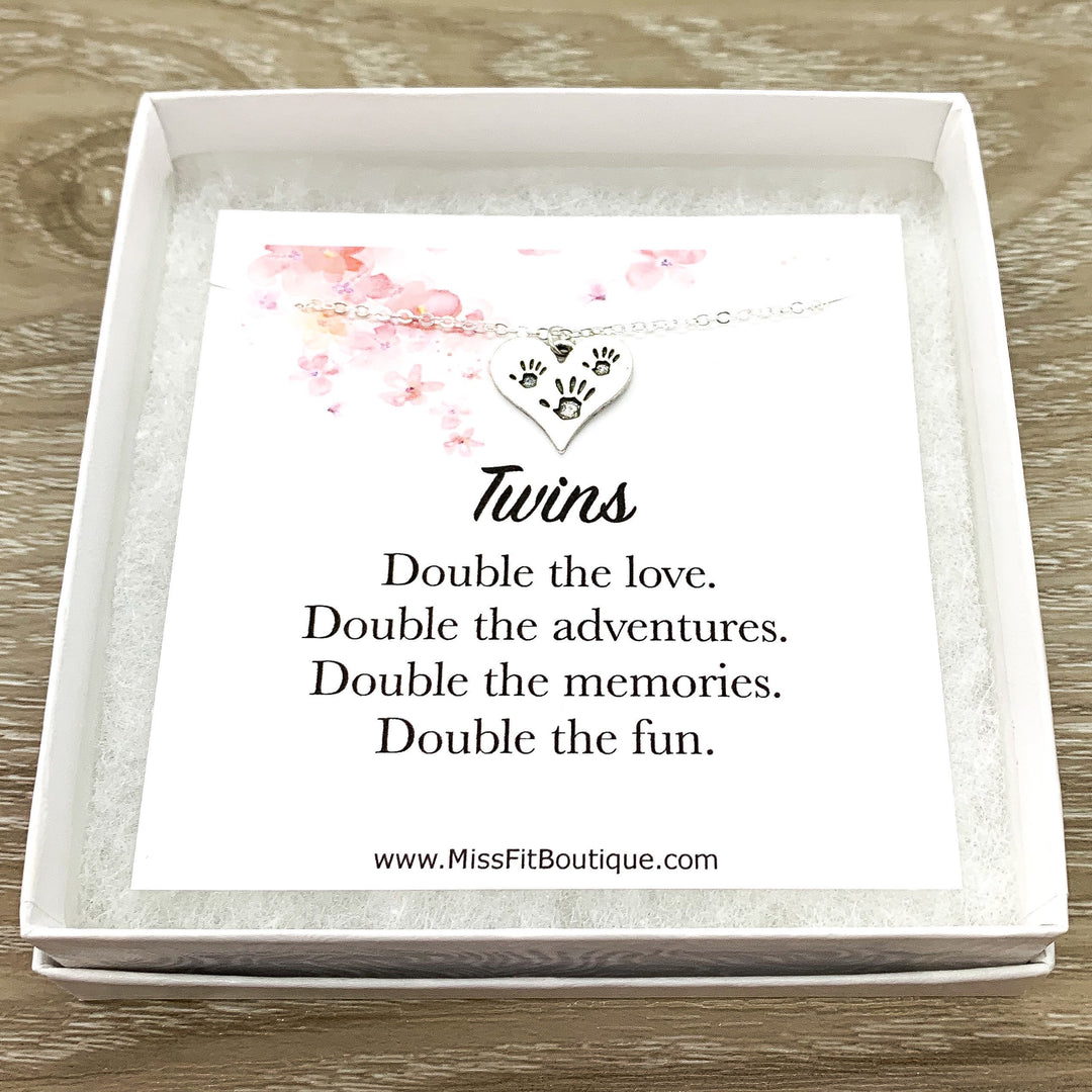 Mother of Twins Gift, Tiny Handprints Necklace, Silver Heart Pendant, Gift from Kids to Mom, Mommy Birthday Gift, Sentimental Necklace