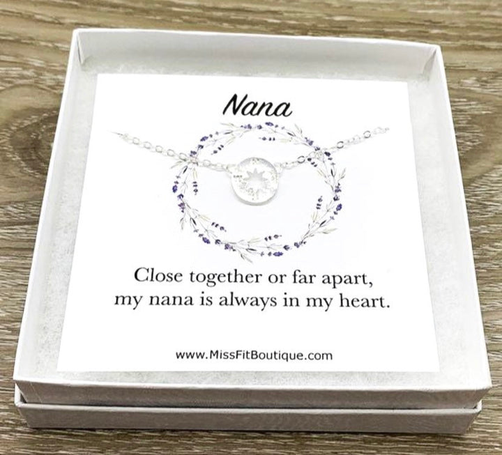 Nana Gift, Compass Charm Necklace, Long Distance Relationship Card, Gift for Grandma, Mimi Gift, Compass Jewelry, Birthday Gift