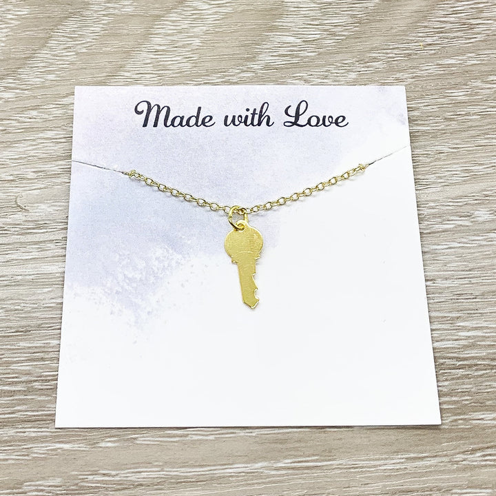 Tiny Gold Key Necklace, You Hold The Key Card, Gift for Student, Friendship Necklace, Key Shaped Pendant, Skeleton Key Charm, Student Gift