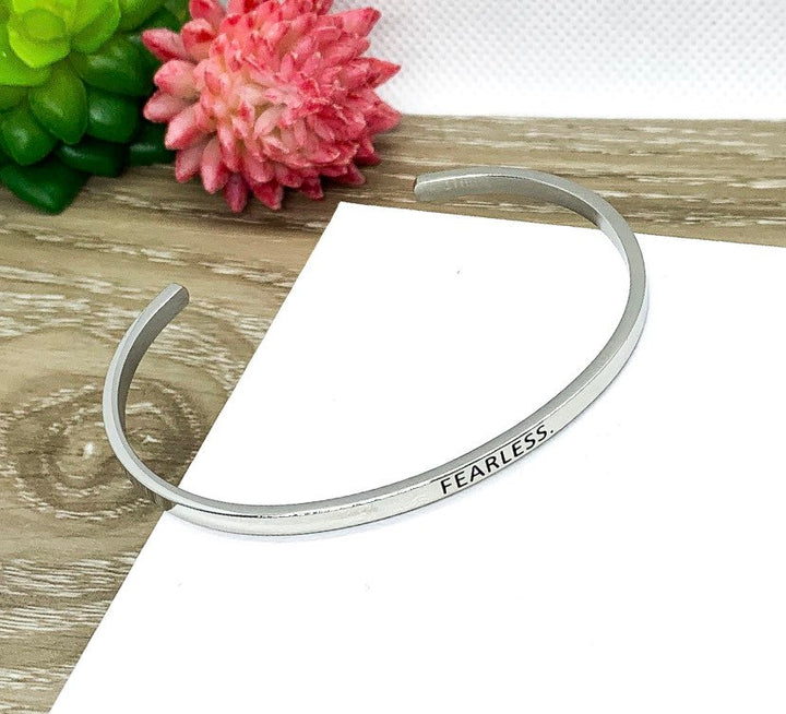 Fearless Cuff Bangle Bracelet, Fearless Gift, Gift for Friend, Thin Mantra Bracelet Silver, Minimalist Bracelet, Friendship Jewelry, Inspire