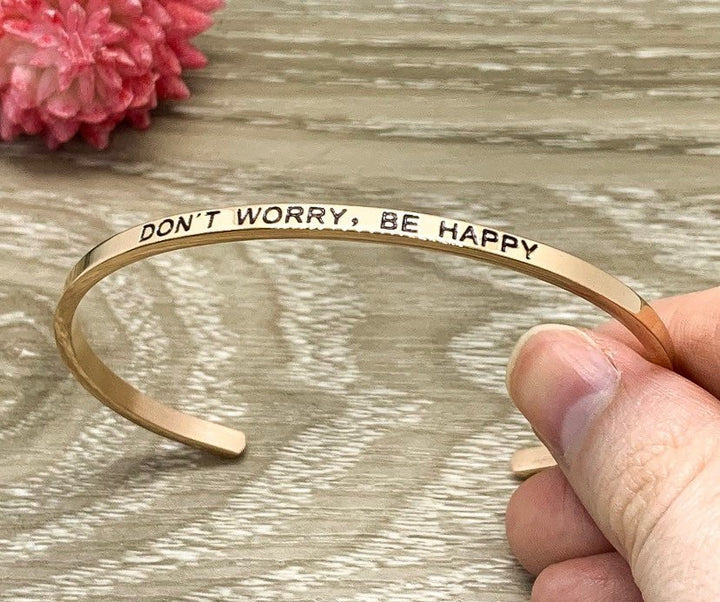 Don’t Worry, Be Happy Cuff Bangle Bracelet, Bestie Gift, Gift for Friend, Mantra Bracelet Rose Gold, Minimalist Bracelet, Friendship Gift
