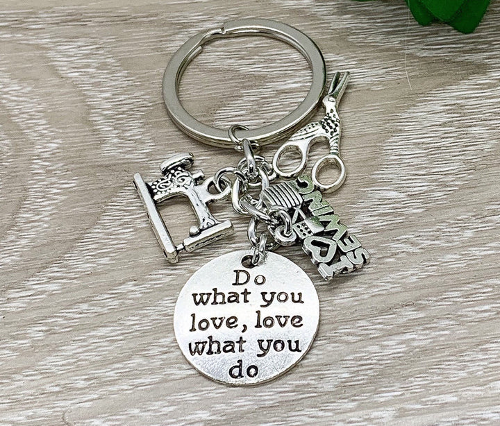 Sewing Keychain, Seamstress Gift, Sewing Machine Charm, Scissors Keyring, Crafty Person Gift, I Love Sewing, Hobby Gift, DIY