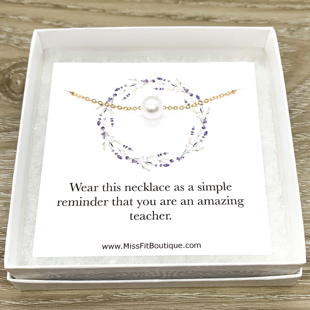 Amazing Teacher Gift, Floating Pearl Necklace, Gift from Student, Teacher Appreciation Gift, Thank You Gift, Simple Reminder Card