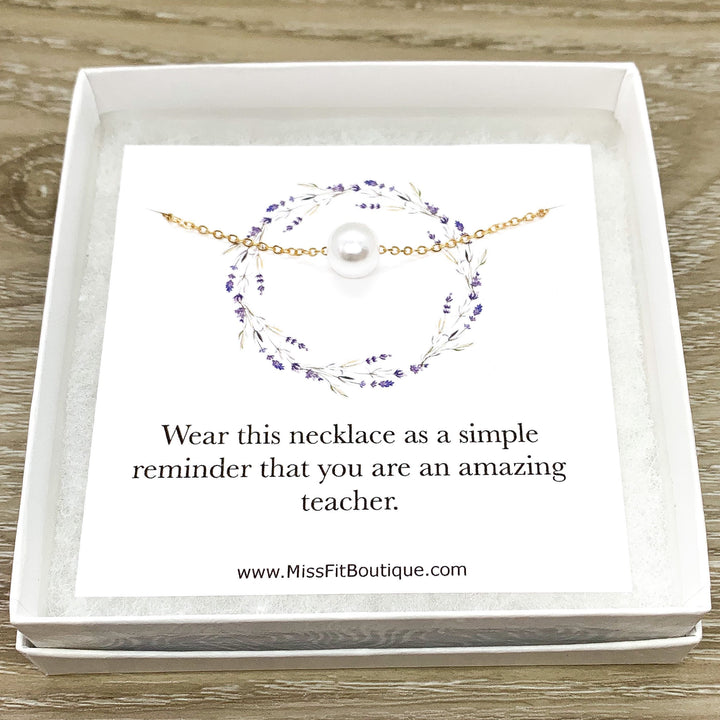 Amazing Teacher Gift, Floating Pearl Necklace, Gift from Student, Teacher Appreciation Gift, Thank You Gift, Simple Reminder Card
