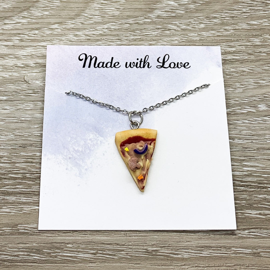 Tiny Pizza Necklace, Success Quote Card, Miniature Pizza Slice Charm, Friendship Necklace, Thoughtful Friends Gift, Pizza Jewelry