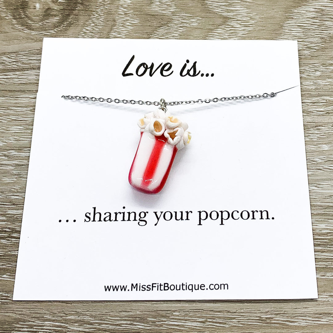 Tiny Popcorn Charm Necklace, Love is Sharing Your Popcorn Card, Miniature Food Necklace, Friendship Gift, Cute Friend Birthday, Couples Gift