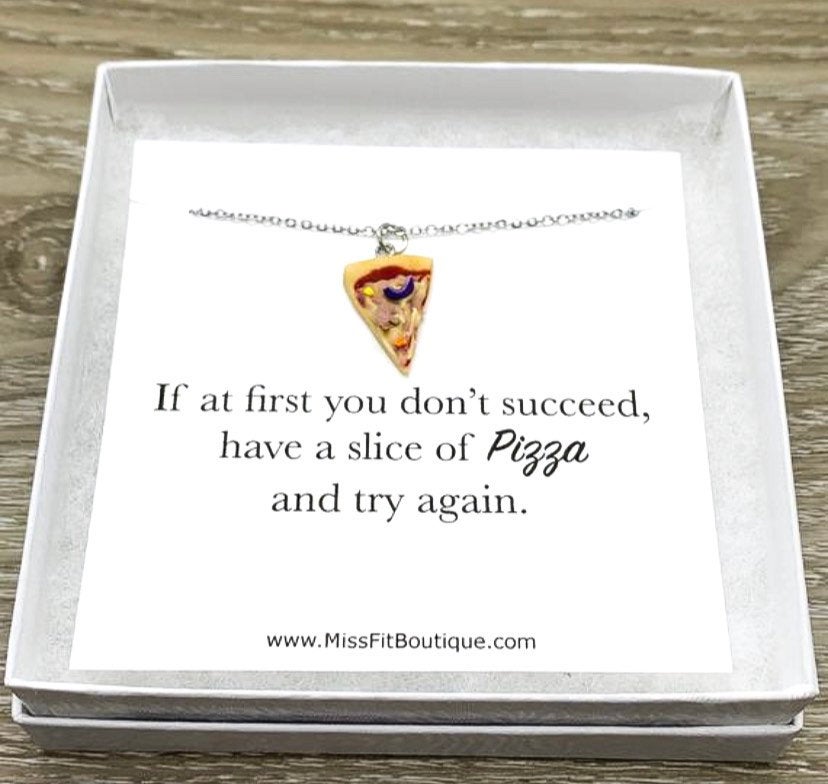 Tiny Pizza Necklace, Success Quote Card, Miniature Pizza Slice Charm, Friendship Necklace, Thoughtful Friends Gift, Pizza Jewelry