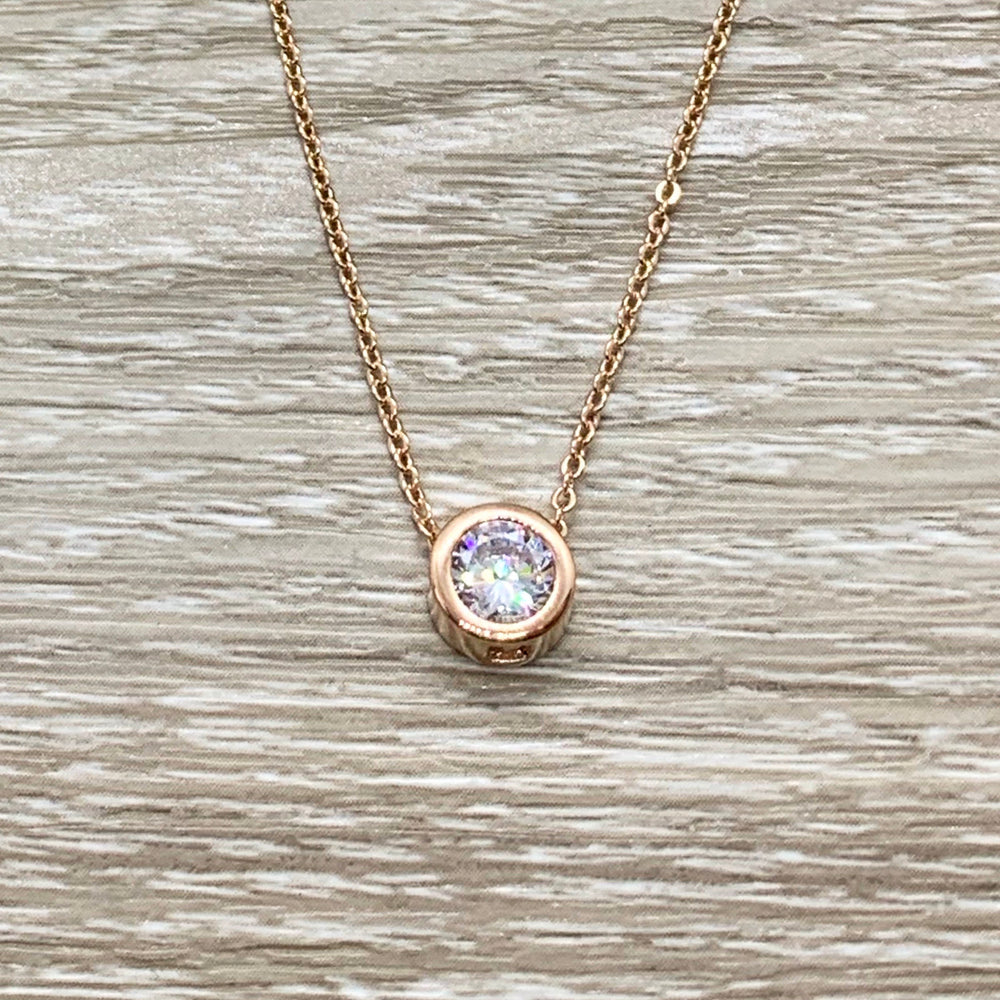 Rose Gold Solitaire Pendant, Tiny Round Crystal Necklace, Dainty Jewelry, Minimalist Necklace, Gift for Friend, Daughter Jewelry, Birthday