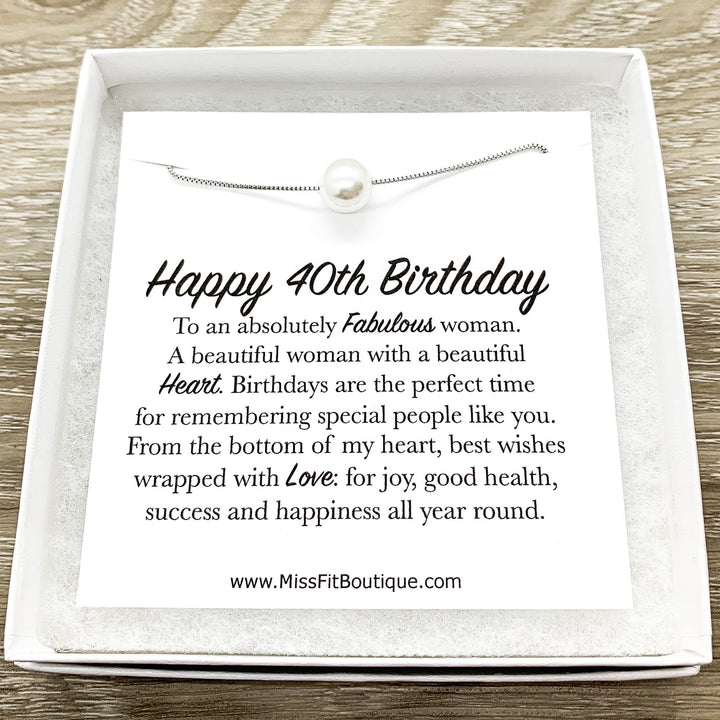 Happy 40th Birthday Gift, Single Floating Pearl Necklace, Happy Birthday Card, Gift for Her, Jewelry for Women, Sister, Friend, Mother, Aunt