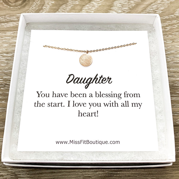 Daughter Gift, Tiny Round Disc Necklace, Rose Gold Solitaire Pendant, Unbiological Daughter Gift, Birthday Gift for Daughter, Christmas