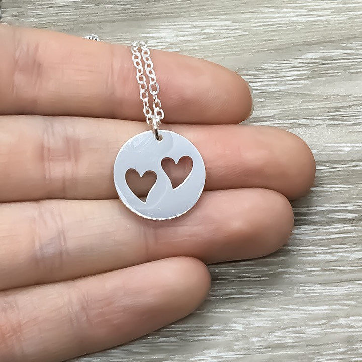 Mother of Twins Gift, Silver Heart Necklace, Gift for Mom to Be, 2 Hearts Cutout Pendant, Pregnant Friend Gift, Expecting Twins Card