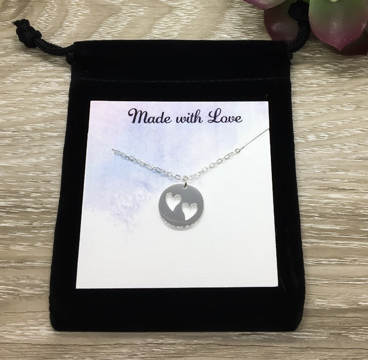 Grandmother of 2 Gift, Silver Heart Necklace, Gift for Grandma, 2 Hearts Cutout Pendant, Gift for Nana from Kids, Grandma Birthday Gift