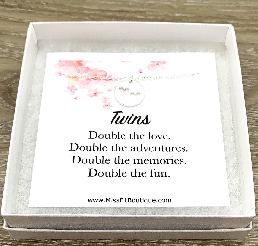 Mother of Twins Gift, Silver Heart Necklace, Gift for Mom to Be, 2 Hearts Cutout Pendant, Pregnant Friend Gift, Expecting Twins Card