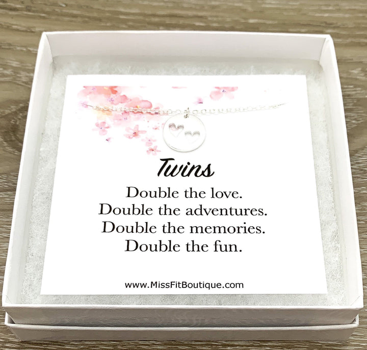 Mother of Twins Gift, Silver Heart Necklace, Gift for Mom to Be, 2 Hearts Cutout Pendant, Pregnant Friend Gift, Expecting Twins Card