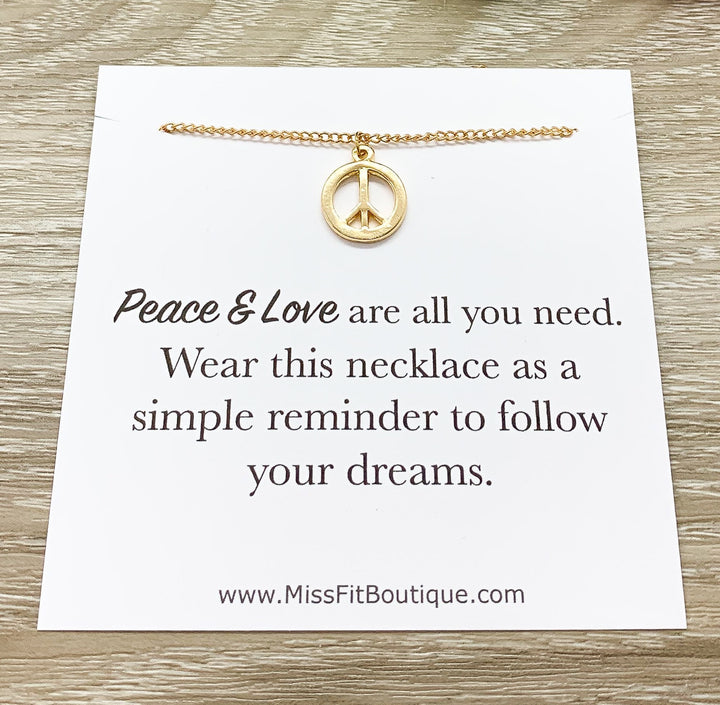 Peace Sign Necklace Gold, Peace Pendant, Quote Card, Simple Reminder Gift, Empowering Gift, Follow Your Dreams, Inspirational Gift