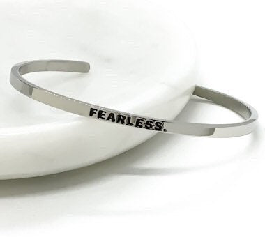 Fearless Cuff Bangle Bracelet, Fearless Gift, Gift for Friend, Thin Mantra Bracelet Silver, Minimalist Bracelet, Friendship Jewelry, Inspire