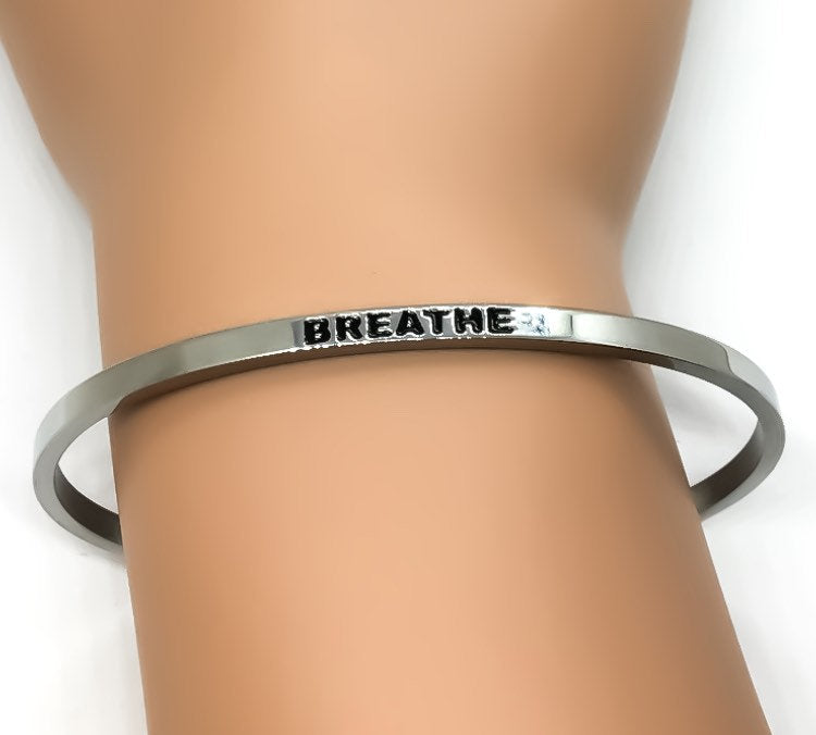 Breathe Cuff Bangle Bracelet, Fearless Gift, Gift for Friend, Thin Mantra Bracelet Silver, Minimalist Bracelet, Friendship Jewelry, Inspire